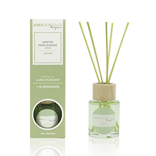 Ambientair Hogar. Difusor de varillas perfumadas. Ambientador Mikado Jazmín. Difusor 50 ml con palitos de ratán. Ambientador sin alcohol para casa. Ambientair Hogar. Difusor de varillas perfumadas. Ambientador Mikado Jazmín. Difusor 50 ml con palitos de ratán. Ambientador sin alcohol para casa.