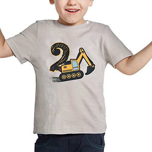 AMZTM 2º Cumpleaños Camión de Construcción Party Camiseta 2 Años Niño Bebé Manga Corta Suministros de Cumpleaños 100% Algodón Estampada Gris Top