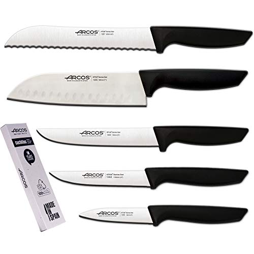 Arcos Juego Cuchillos Cocina Profesionales| Cuchillos Cocina Profesional | 5 pzas | Cuchillos Acero Inoxidable Mango Negro | Utensilios de Cocina | Cuchillo japones Santoku | lavavajillas (5 Piezas)