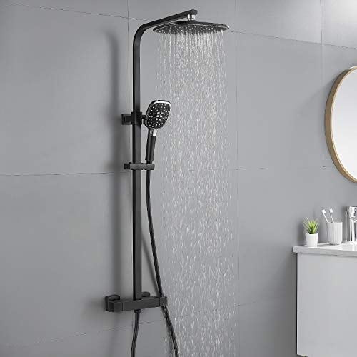 Auralum - Columna Ducha Termostática Negro con 9" Ducha de Lluvia + Ducha de Mano Columna Hidromasaje Ducha Altura Ajustable Set de Ducha Termostática Cuadrado para Baño Auralum - Columna Ducha Termostática Negro con 9" Ducha de Lluvia + Ducha de Mano Columna Hidromasaje Ducha Altura Ajustable Set de Ducha Termostática Cuadrado para Baño