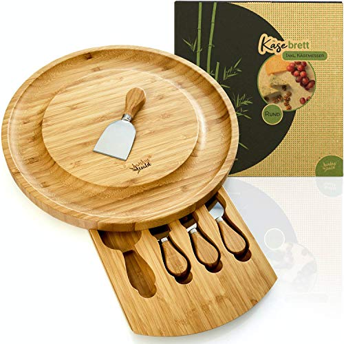 bambuswald© tabla de quesos ecológicos incl. 4 cuchillos para queso hechos de bambú | 33x33x4cm y un cajón | para servir galletas de queso salami