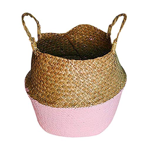 BANGSUN Cesta tejida para colgar hecha a mano de algas marinas, de mimbre, plegable, color rosa