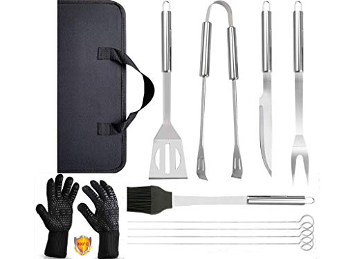 Barbacoa de Acero Inoxidable Utensilios 9piezas Kit+Guantes de Barbacoa, Herramientas de Barbacoa Set con Bolsa de Oxford,Oven Gloves Resistencia Térmica hasta1472°F,para Cocina, Horno, Chimenea.