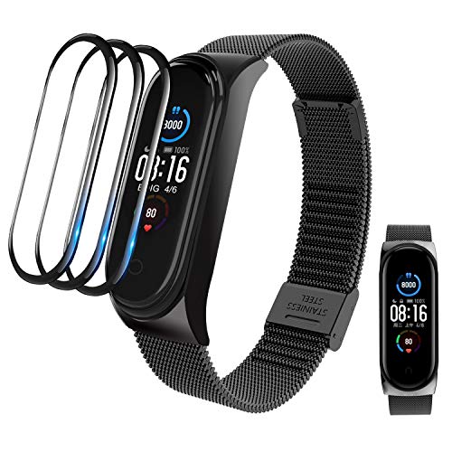 BDIG Correa Compatible para Xiaomi Mi Band 5 Correas Metal, 3 Piezas TPU Protector Pantalla + Pulsera de Acero Inoxidable Agradable para Mi Band 5 Correa (No Host)