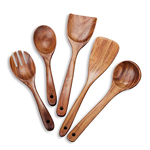 Beauty Kate Juego de utensilios de cocina de madera, 5 utensilios de cocina, espátulas y cucharas antiadherentes, 100% hechos a mano por madera de teca natural
