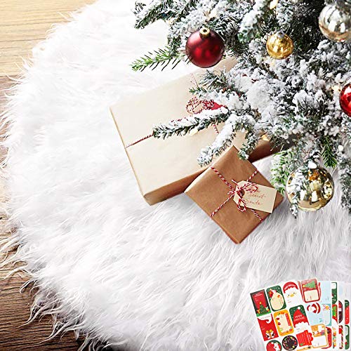 BEYAOBN 30inch Falda del árbol de Navidad,Piel sintética Faldas de árbol con 54 Pegatinas navideñas para Navidad Fiesta de año Nuevo Vacaciones en casa decoración(Blanco 78cm)
