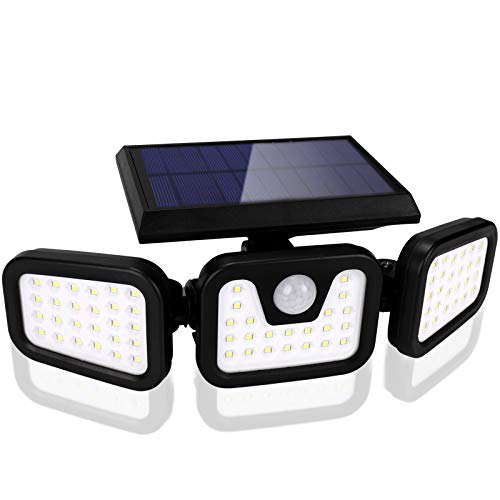 BLOOMWIN Luz Solar Exterior con Sensor de Movimiento Foco Solar Exterior 3 Cabezales 3 Modos 74 LED 360º lluminación Impermeable Aplique de Pared Lampara de Seguridad para Jardín Patio Garaje Camino