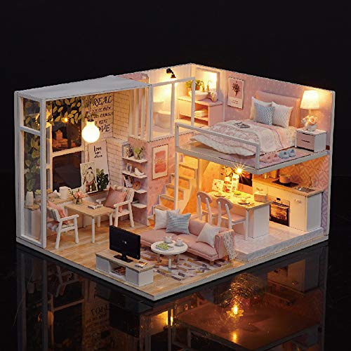 Blusea - Kit de loft en miniatura, casa de muñecas realista, decoración de color rosa, juguete de madera, con muebles y luces LED, ideal como regalo de navidad o cumpleaños para niños