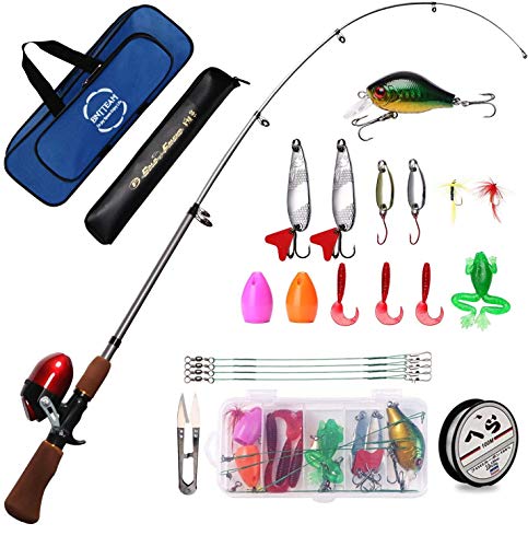 BNTTEAM Mini Spinning Reel & Rod Combos Telescópico Portátil Mano Fibra de Carbono Duro Caña y Carrete de Pesca de Mar+Señuelos Artificiales+Juego de Sedal de Pesca Combos de Pesca de Carpa 1.6M(azul)