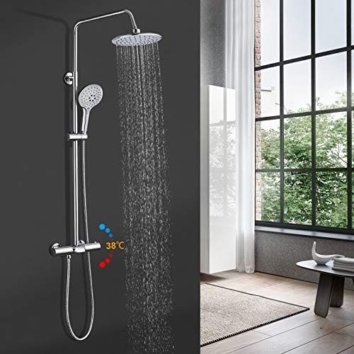 BONADE Columna de Ducha Termostática Sistema de Ducha Cromado con Termostato y Grifo de Bañera Cascada Conjunto de Ducha de Acero Inoxidable y Latón Ajustable en Altura (91,9 - 143,9 cm)