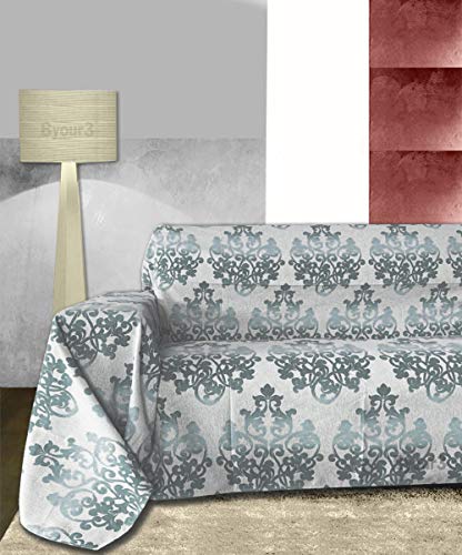 Byour3® Funda para sofá de 3 plazas – Tela granfoulard de algodón no necesita planchado, para cubrir sofás o esquinas, con chaise longue (damasco, gris y plateado)