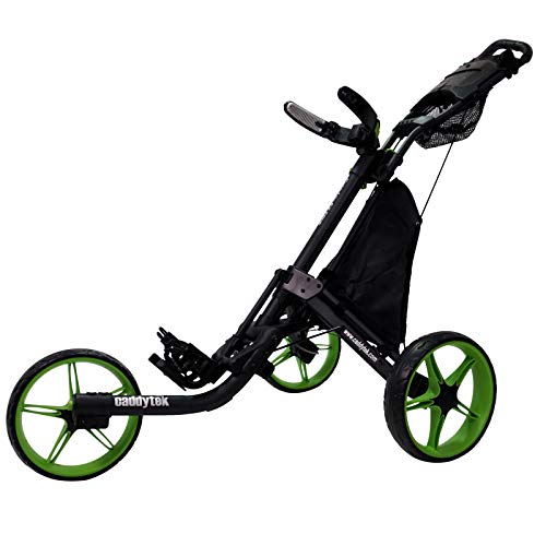 CaddyTek EZ Tour Quickfold Deluxe 2020 - Carrito de golf plegable con 3 ruedas, incluye bolsa térmica, color negro y verde