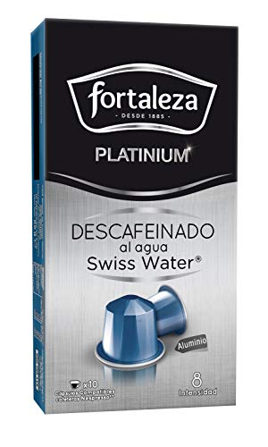 Café Fortaleza Platinium – Cápsulas Compatibles con Nespresso, de Aluminio, Descafeinado al Agua Swiss Water, 100% Arábica, Tueste Natural, Pack 8x10 - Total 80 uds Café Fortaleza Platinium – Cápsulas Compatibles con Nespresso, de Aluminio, Descafeinado al Agua Swiss Water, 100% Arábica, Tueste Natural, Pack 8x10 - Total 80 uds