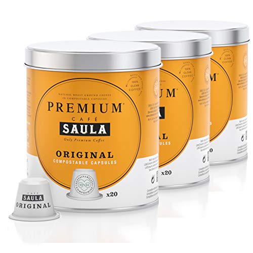 Café Saula, Pack 3 botes con 60 cápsulas compostables. Café Premium Original. Compatibles Nespresso®