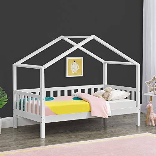 Cama para niños Cama Infantil Elevada 160x80cm Estructura Casa de Madera Pino con Reja Blanco