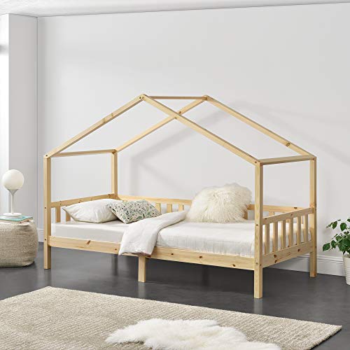 Cama para niños Cama Infantil Elevada 200x90cm Estructura Casa de Madera Pino con Reja Madera Natural