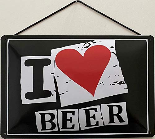 Cartel de chapa con cordón, 30 x 20 cm, con texto en inglés "I Love Beer ! - Blechemma