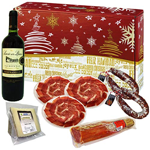 Cesta de Navidad Productos Ibéricos. Jamón Ibérico, Queso Oveja, Lomo Ibérico, Chorizo y Vino. Lote Productos Ibéricos