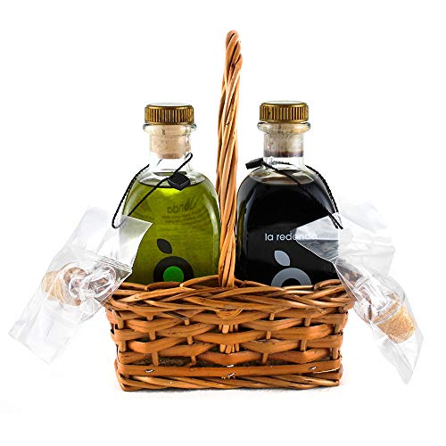 Cesta Regalo Aceite de Oliva Virgen Extra y Vinagre Balsámico Gourmet La Redonda – Proyecto Apoyo a Artesanos Detalle Cesta Mimbre Hecho a Mano – Botellas 250 ml