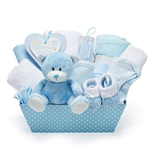 Cesta Regalo Bebé Niño Color Azul - Con Manta de Forro Polar, Toalla con Capucha, Ropa Bebé, 2 Muselinas Bebé y Osito de Peluche