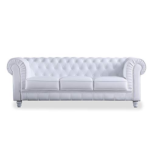 Chesterfield, Sofa de Tres Plazas, Sillon Descanso, 3 Personas, Acabado en Simil Piel Color Blanco y Capitone, Medidas: 211 cm (Largo) x 84 cm (Fondo) x 75 cm (Alto)