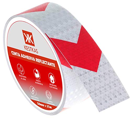 Cinta Adhesiva Reflectante 50mm x 25m KESTKAS - Resistente - Alta Visibilidad - Seguridad - Señalización - Fijación Instantánea - Banda de Reflexión Nocturna - Rojo y Blanco