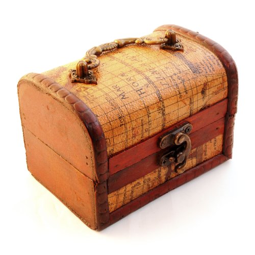 Cofre del Tesoro para decoración (Antiguo) con revestimiento de piel con diseño de mapa, cofre de madera para guardar joyas y piezas pequeñas – Marca Ganzoo