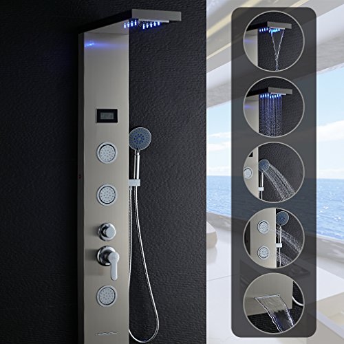 Columna hidromasaje para ducha con LED Alcachofas + LCD Pantalla de temperatura + 5 salida de agua,color plateado Columna hidromasaje para ducha con LED Alcachofas + LCD Pantalla de temperatura + 5 salida de agua,color plateado