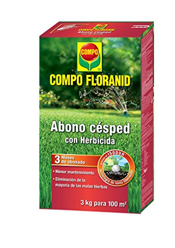COMPO FLORANID Abono césped con herbicida. Larga duración de hasta 3 meses, para 100 m², 3 kg