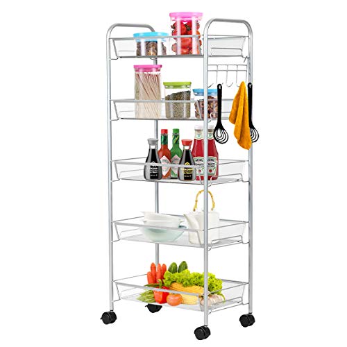 COSTWAY Carrito Auxiliar Multiuso de Servicio con 5 Estantes de Metal Carro con 4 Ruedas y Ganchos para Cocina Baño Restaurante COSTWAY Carrito Auxiliar Multiuso de Servicio con 5 Estantes de Metal Carro con 4 Ruedas y Ganchos para Cocina Baño Restaurante