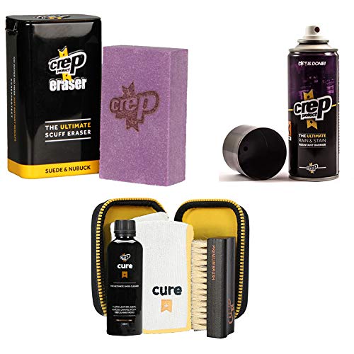 Crep Protect Suede and Nubuck Shoe Care Kit Includes the Crep Protect Rain & Stain Resistant Barrier Spray, Crep Protect Cure, and Crep Protect Eraser.