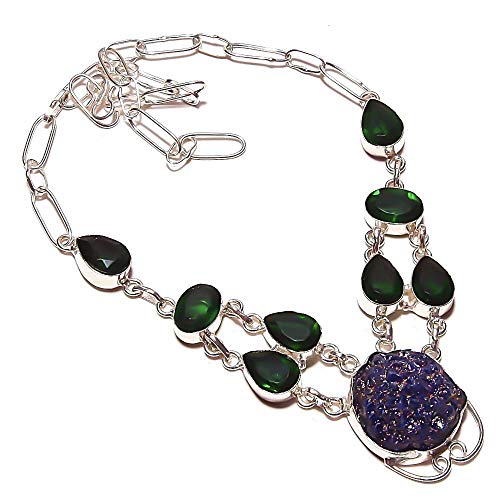 Designer! Purple Solar DRUZY, Chrome Diopside Quartz Multi-Stone NECKLACE 18" Long, HANDMADE Sterling Silver Plated! Ethnic Wear Jewelry All Occasions WEDDING ANNIVERSARY GIFT And BIRTHDAY