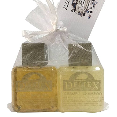 Detalle de gel de baño y champú de Soja y Jojoba para eventos en bolsa de organza (Pack 24 ud)