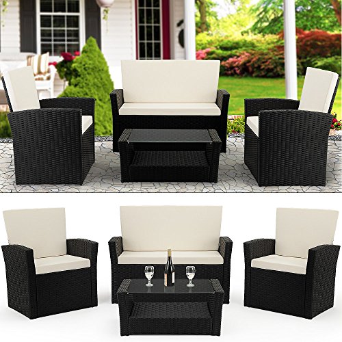 Deuba Conjunto de muebles poliratán Set con cojines de 7cm grosor 2 Sillones Banco & Mesa Muebles de Jardín Balcón Negro