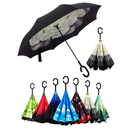 Doble Capa de Paraguas Invertido, Sol y la lluvia Paraguas, Parasol de Protección Contra el Viento Ultravioleta de Reversa