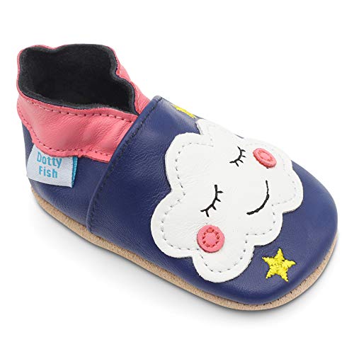 Dotty Fish Zapatos de Cuero Suave para bebés. Antideslizante. Azul con Nube Blanca. 12-18 Meses (21 EU)