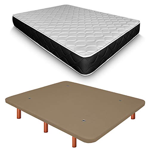 Duérmete Online Base Tapizada 3D Reforzada Anti Ruido + Colchón Viscoelástico Pocket Visco | Patas de Madera Color Cerezo, Beige, 105x190