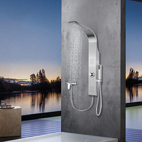 Elbe Columna de ducha de acero inoxidable cepillado, con 3 funciones de ducha, con jets de hidromasaje, tamaño mini 100x14x7cm Elbe Columna de ducha de acero inoxidable cepillado, con 3 funciones de ducha, con jets de hidromasaje, tamaño mini 100x14x7cm