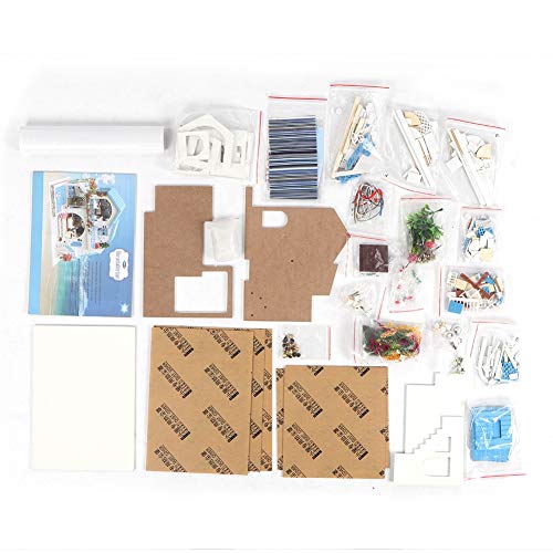 Elegante casa de muñecas de madera de bricolaje, mini bricolaje azul blanco villa casa de muñecas kit de juguetes con cubierta de polvo regalos para mujeres y niñas