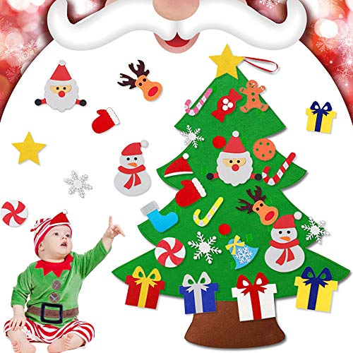 EMAGEREN Árbol de Navidad de Fieltro, Árbol de Navidad de Velcro con 26 Piezas DIY Ornamentos Desmontables, Árbol de Navidad de Pared de Firltro, Regalos Colgantes de Navidad para Niños