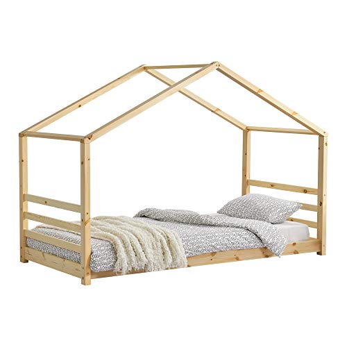 [en.casa] Cama para niños de Pino 90 x 200 cm Cama Infantil Forma de casa en Color Pino Natural