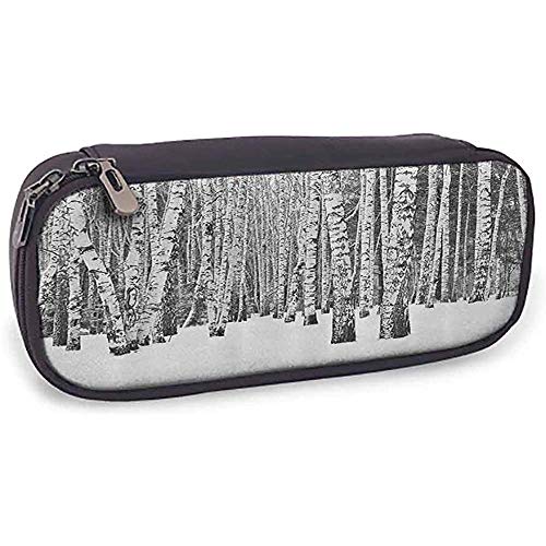 Estuche de lápices robusto Colección de decoración de casa de campo Bosque de abedules en la nieve Paisaje de invierno Imagen en blanco y gris