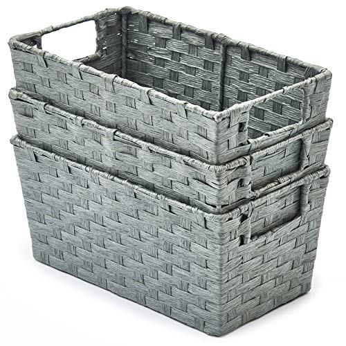 EZOWare 3 pcs Cestas de Almacenaje Multiuso, Cajas Organizadoras de Cuerda de Papel Natural con Efecto de Mimbre y Asas para Cocina, Baño - Gris, 30 x 17 x 14 cm EZOWare 3 pcs Cestas de Almacenaje Multiuso, Cajas Organizadoras de Cuerda de Papel Natural con Efecto de Mimbre y Asas para Cocina, Baño - Gris, 30 x 17 x 14 cm