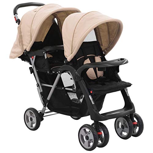 Festnight Carrito Gemelar Silla de Paseo Gemelar Carrito para Dos Bebés Tandem Plegable con Rueda Giratoria Gris Taupe y Negro de Acero Festnight Carrito Gemelar Silla de Paseo Gemelar Carrito para Dos Bebés Tandem Plegable con Rueda Giratoria Gris Taupe y Negro de Acero