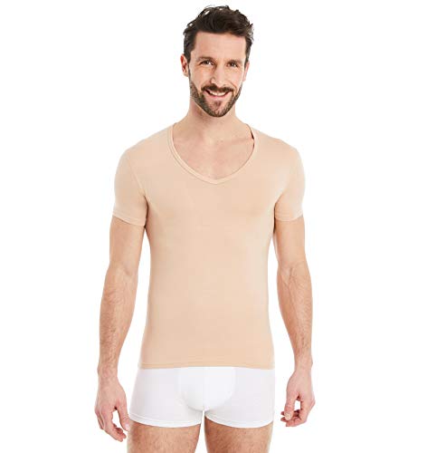 FINN Camisetas Hombre Manga Corta - Ropa Interior Microfibra Cuello Pico Invisible Color Piel Nude XXL