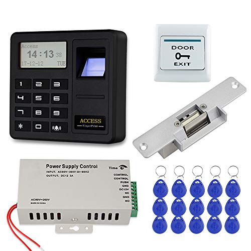 FST Kit de Sistema Control Acceso a la puerta Huella Dactilar Biométrica Teclado Control Acceso RFID + Fuente Alimentación 12 V 3 A + Cerradura Eléctrica + 15 Tarjetas llave