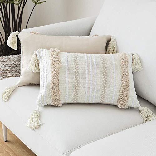 Funda de almohada borla de punto geométrico para decoración del hogar, fundas de almohada de color beige sólido tejido para sofá o silla,fundas de cojín para sofá o sala de estar 30x50