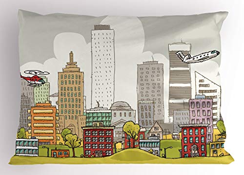 Funda de almohada moderna, escena urbana ocupada de dibujos animados con rascacielos Aviones Apartamentos Ilustración céntrica, funda de almohada impresa estándar decorativa extra grande, multicolor