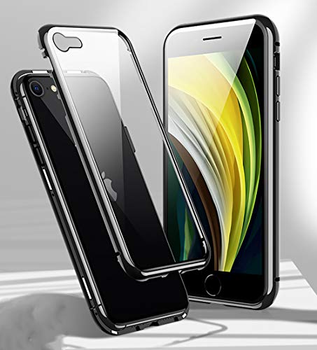 Funda para iPhone SE 2020 Magnética Carcasa,360° Funda Protectora de Cuerpo Completo,Rugged Metal Bumper Antigolpes Case,Cubierta de Cristal Templado con Protector de Pantalla para iPhone SE/8/7,Negro