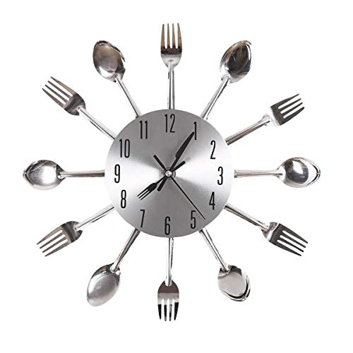 Gearmax® Cubertería plateado diseño moderno reloj de pared utensilios de cocina cuchara tenedor cuchillo reloj kit de mecanismo de cuarzo silencioso